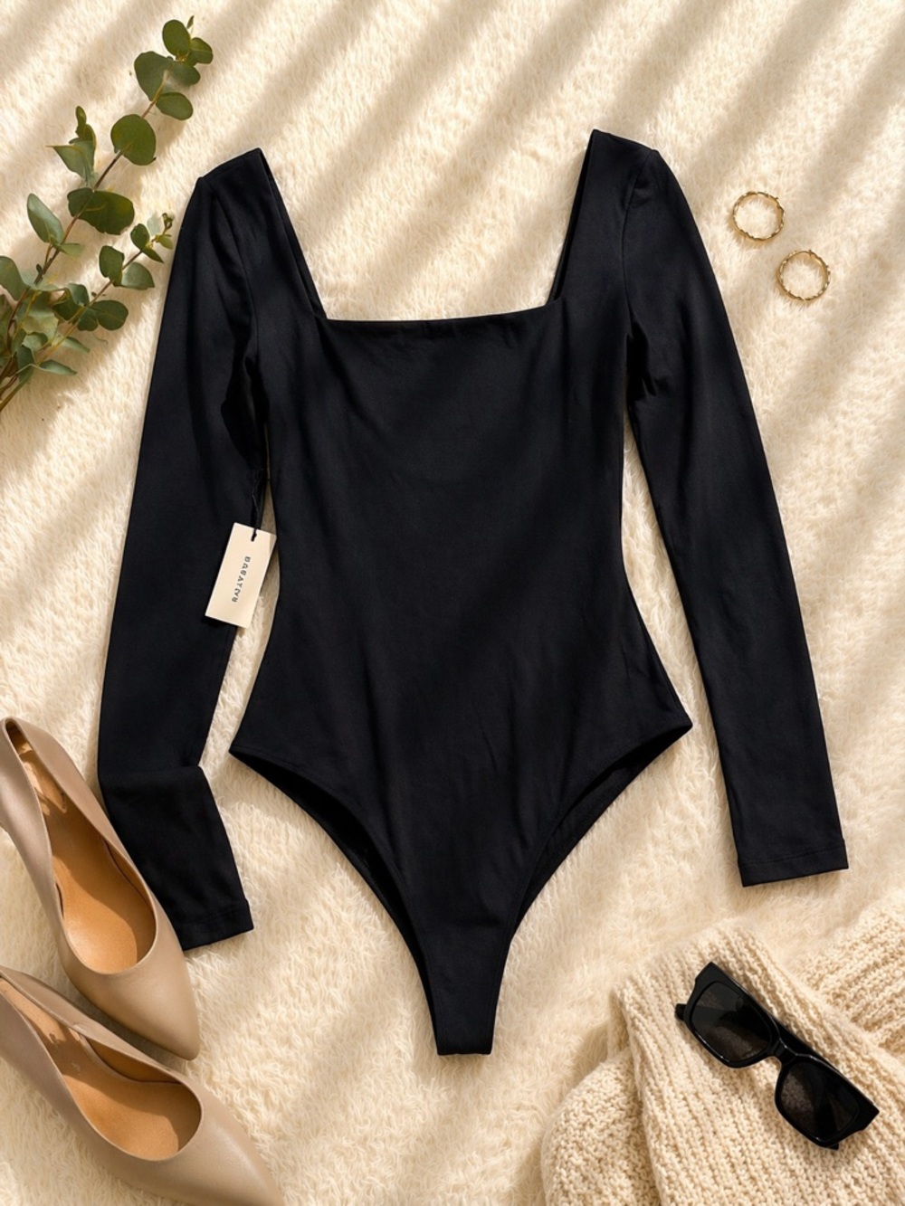 Babaton Contour Square Neck Long Sleeve Bodysuit Black Medium NWT